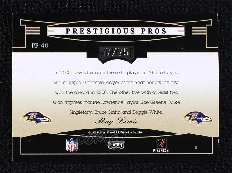 2005 Playoff Prestige Prestigious Pros Green /75 Ray Lewis #PP-40 HOF - Image 2 of 2