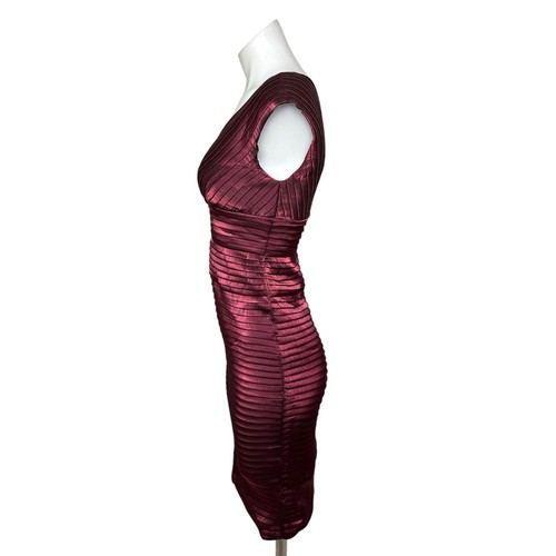 Adrianna Papell Purple Metallic Pleated V-neck Sleeveless Satin Sheath Dress 2P - Picture 5 of 8