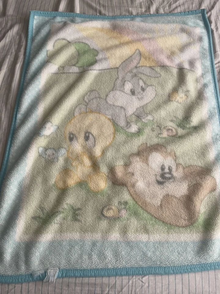 Vtg Y2K Looney Tunes Baby Blanket Tweety Bird Taz Bugs Plush Blue Rainbow Meadow - Image 2 of 4