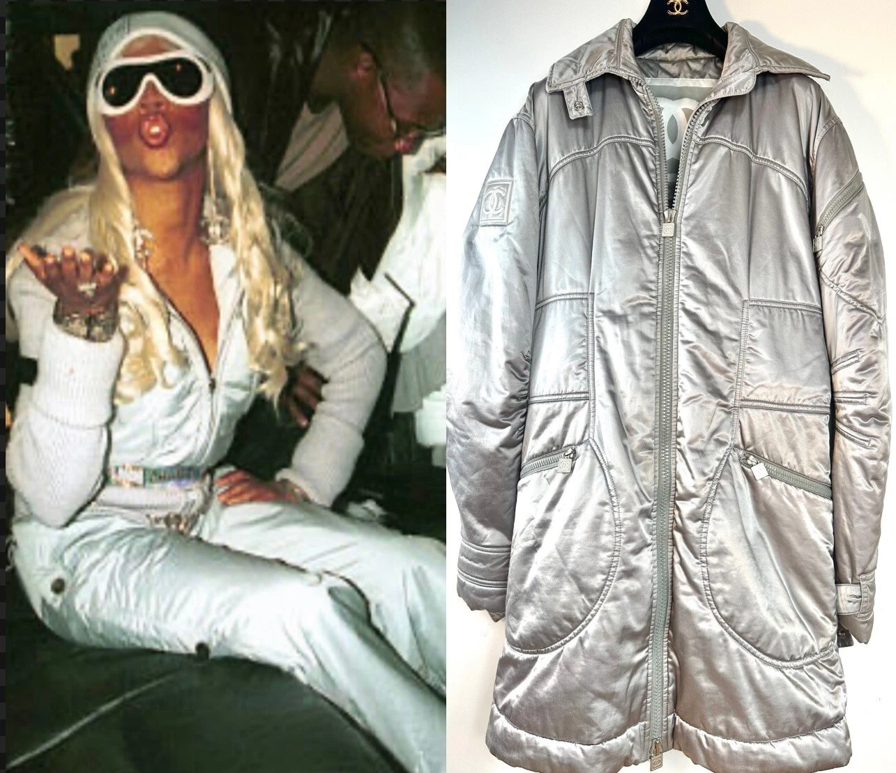 Cappotto sci Chanel vintage 2004 argento puffer 36 38 40 4 6 8 giacca sportiva vintage S M