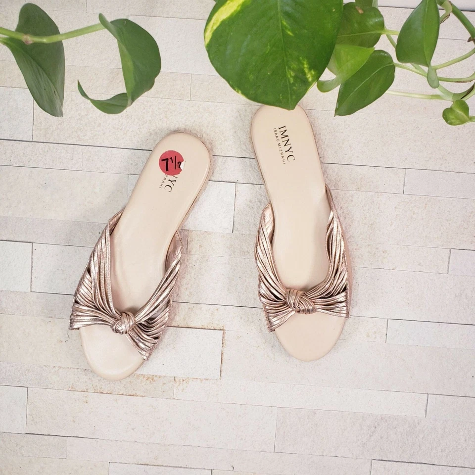 Rose Gold Flat Sandal 7.5 Isaac Mizrahi Shoes Leather Slip On Slide Metallic - Image 2 of 4