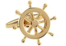 Ship Wheel Pair Cufflinks Gold Yacht Wedding Fancy Gift Box & Polishing Cloth