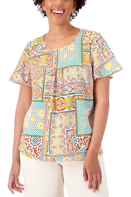 Denim & Co. Printed Blouse with Open Flutter Sleeve Melon Orange