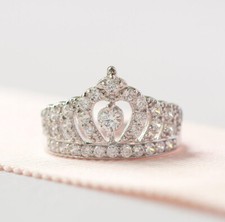 White Tiara 0.7Ct Round Cut CZ Gift For Her Princess Crown Ring 925 Silver
