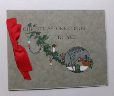 Vtg Christmas Card Branch Candles Beads Cottage Red Bow RUST CRAFT 1930s?