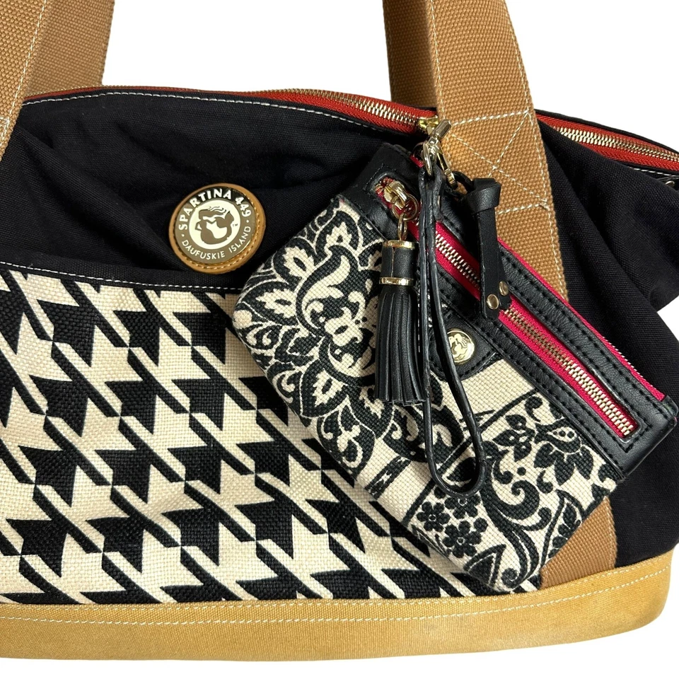 Spartina 449 Stoddard Cargo Duffle Bag Weekender Linen Leather + Wristlet - Image 2 of 4