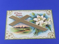 EASTER POSTCARD GERMANY WHITE FLOWER GOLD CROSS EMBOSSED 1911 ERIE PA CANCEL