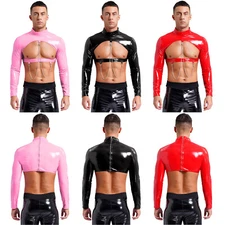 Men T-shirt Rave Undershirts Back Zipper Crop Top Cosplay Stand Collar Stage