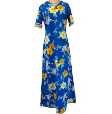 VTG 1960s Hawaiian Maxi Dress Size 10 Blue Floral Hibiscus Hostess Mod Colorful