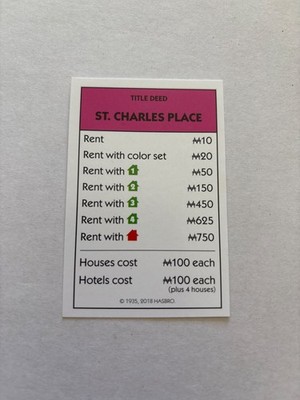 2018 Monopoly St. Charles Place Pink Property Title Deed Card Game Piece Part