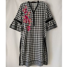 Women's Agha Noor Kurti Floral Black White Aztec Tunic Lace 3/4 Bell Sleeves M