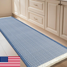 IM HOME Waffle Bath Mat 5'x2' Blue  Cream Boho Woven Absorbent Non-Slip