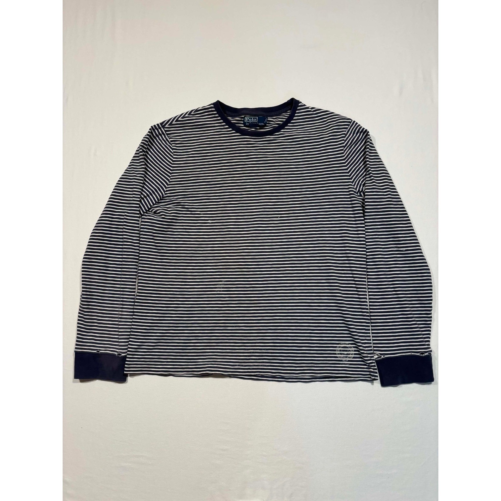 Polo Ralph Lauren Mens Large Striped Long Sleeve T-Shirt Navy Blue Distressed