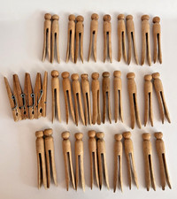 Set of 34 Mixed Vintage Oak Wood Clothes Pins for Crafts Etc. 3.75" to 4