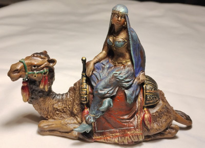 3.5''H x 5 x 2''  VIENNA  BRONZE STATUE ARAB  WOMAN ON A CAMEL MARKED PB FAINTLY