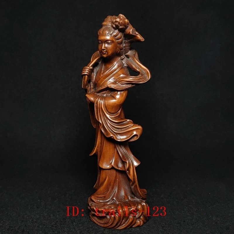 Decoración de estatua de hada de loto bella tallada a mano de boj chino antiguo de 5,7 pulgadas Foto 2 de 4