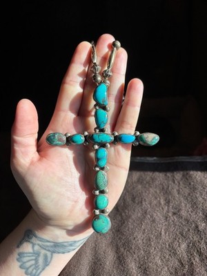 LARGE Cross Necklace Navajo Southwestern Sterling Silver Beaded