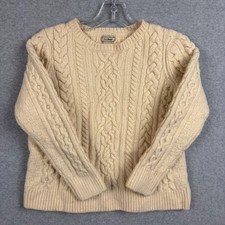 VTG LL Bean Womens Cable Knit Fisherman Sweater M Cream 100 Wool Ireland Aran