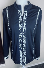 Chicos Zenergy Black Jacket sz 1/M Full Zip leopard trim Old Money track workout