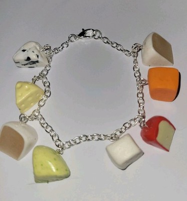 Cheese Sampler Bracelet Silver Cheddar Brie Swiss Bleu Feta Cheese Lover Gift