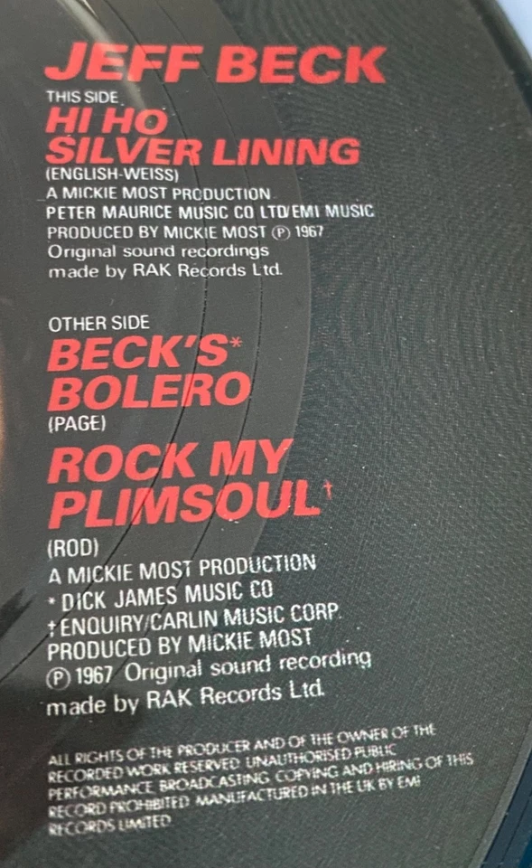 Jeff Beck – Hi Ho Silver Lining - 7" Vinyl Picture Disc - Excellent Condition. - Image 3 of 4