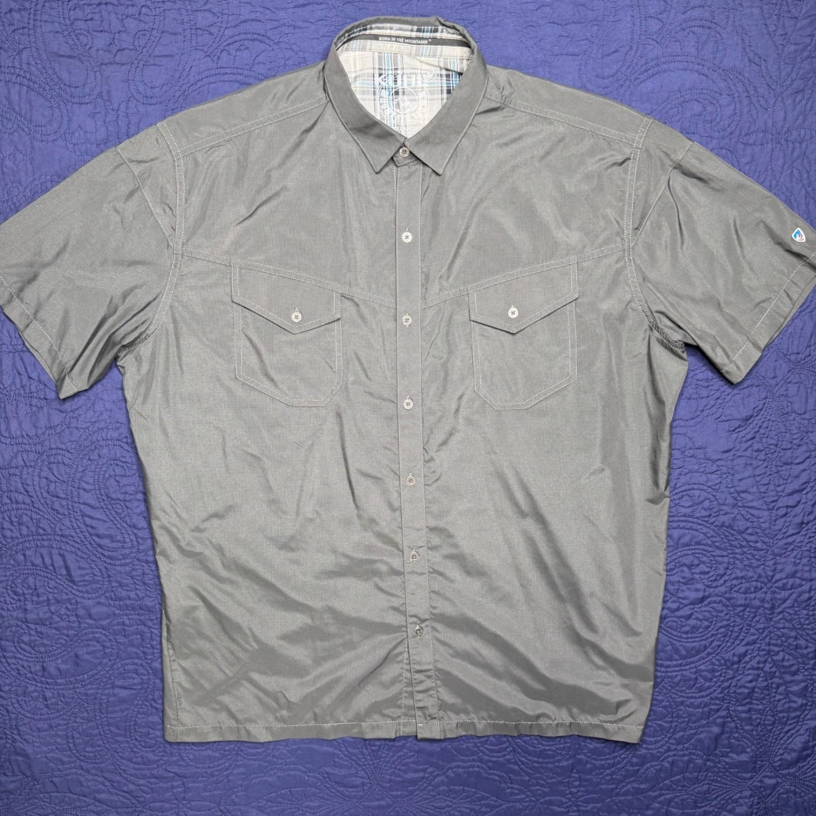 Kuhl Eluxor Mens XXL Gray Micro Check Short Sleeve Button Down Hiking Shirt
