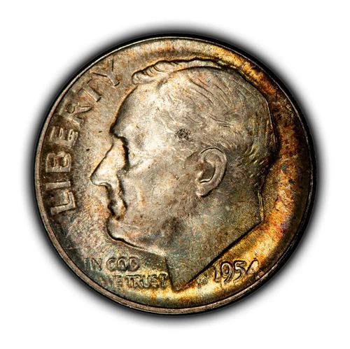 1954 10c Roosevelt Silver Dime - Colorful Toning - BU - SKU-Y6103