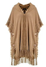 Paparazzi Ladies Hooded Cape with Fringed hem. Poncho Sweater Beige