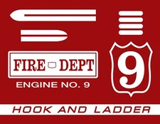 RED PEDAL FIRE TRUCK DEPT. DECAL SET (2), WATER SLIDE LASER PRINTED # 9