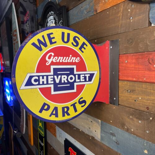 Chevrolet Genuine We Use Parts Double Sided Flange Metal Sign Distressed Finish - Picture 4 of 10