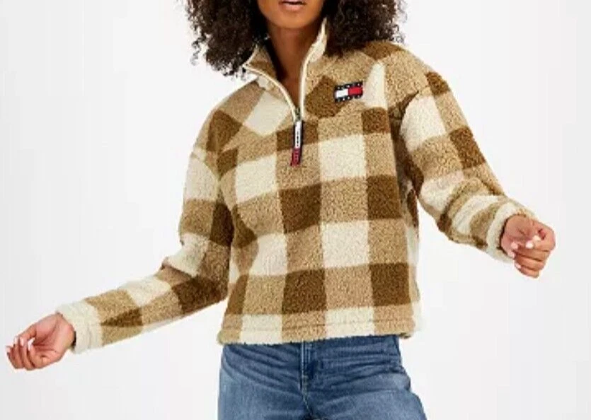 $99 Tommy Jeans Hilfiger Cuadros 1/4 Cremallera Polar Sherpa Pullover Suéter Chaqueta XL Foto 4 de 4