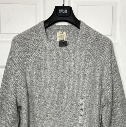 M&S homme pull gris mélange équipage côtelé tricot super doux 2XL Reg NEUF marques - Photo 1 sur 4
