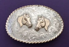 Rare Vintage Sterling Silver 2 Horses Signed Esper Western Estate Belt Buckle