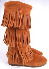 Minnetonka Moccasin Fringe Boots Brown Suede Tall 3 Layer Model 1632 Women's 5