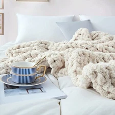 Sunyrisy Chunky Knit Throw Blanket, Luxury Soft Cozy Chenille, Beige 40X48 In
