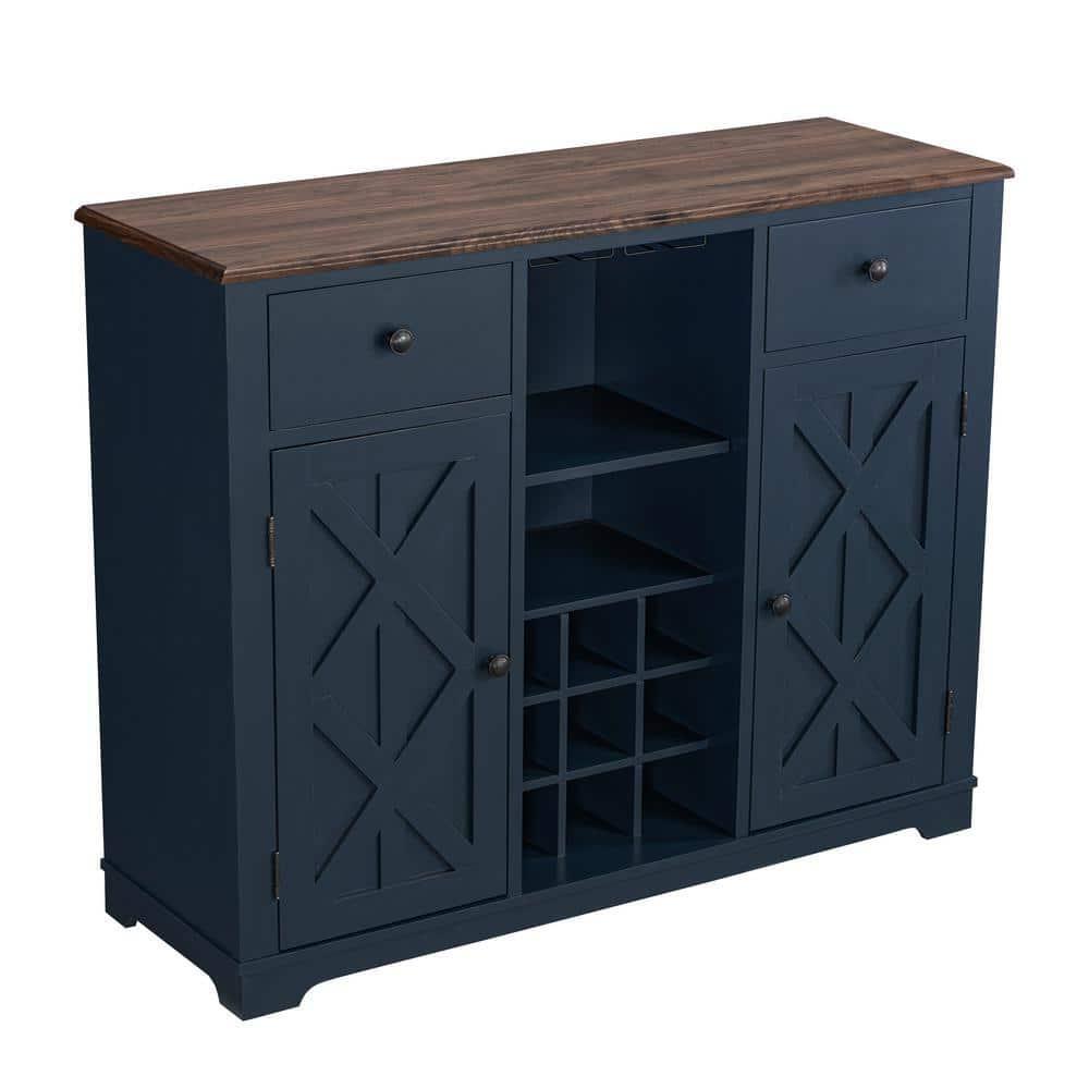 FESTIVO Bar 47"x38" Wood Navy w/ BuiltIn Wine Rack + Shelves