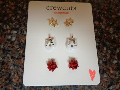 J.CREW Crewcuts Girls Winter Earring Set of 3 New on Card Snowflake, Gift Bow