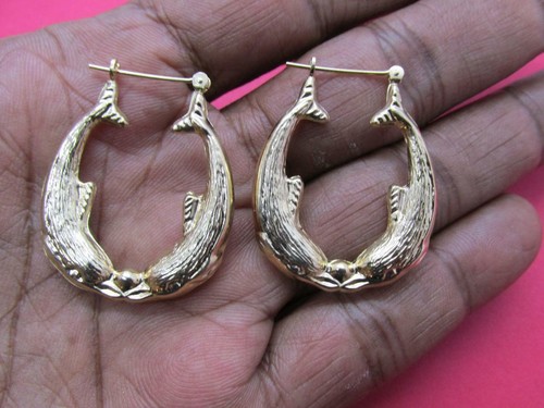 14k Solid Yellow Gold Dolphin Earrings Rare Vintage Beautiful Handmade 70s Circa - Picture 7 of 11