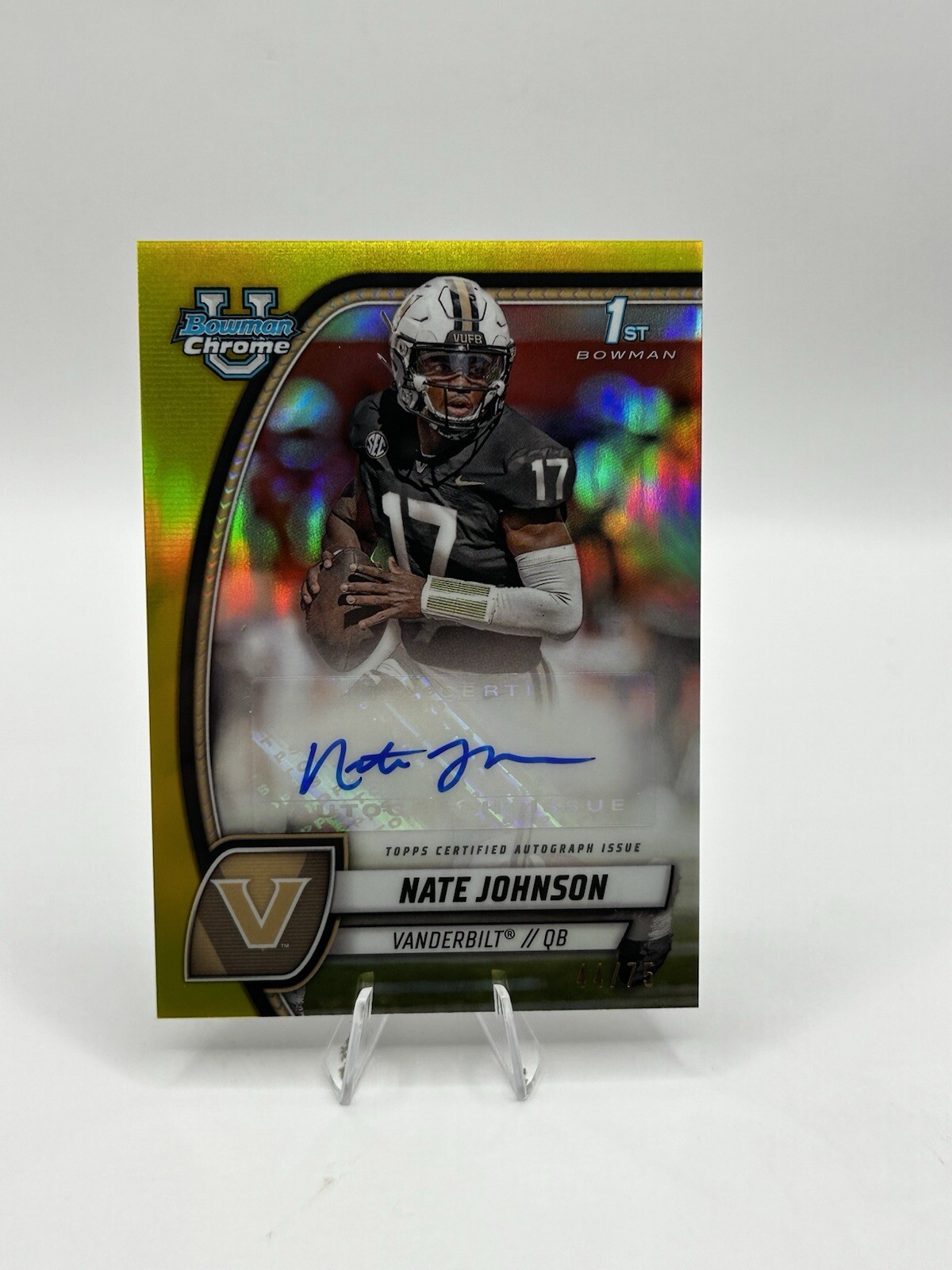 Nate Johnson 2024 Bowman U Chrome 1st RC AUTO Yellow Refractor /75 Vanderbilt