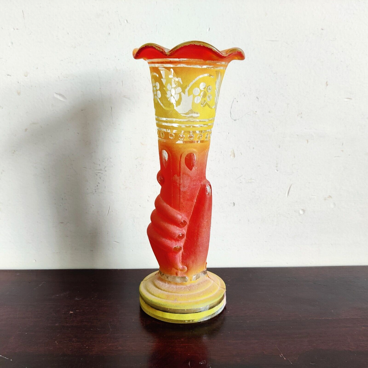 Vintage Multi Color Hand Shape Glass Flower Vase Japan Decorative