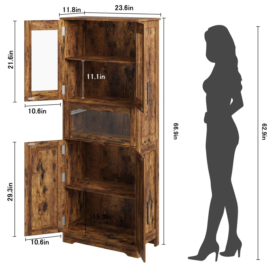 67" Farmhouse Tall Kitchen Bathroom Cabinet Cupboard With Double Doors & Shelves - Image 2 of 4