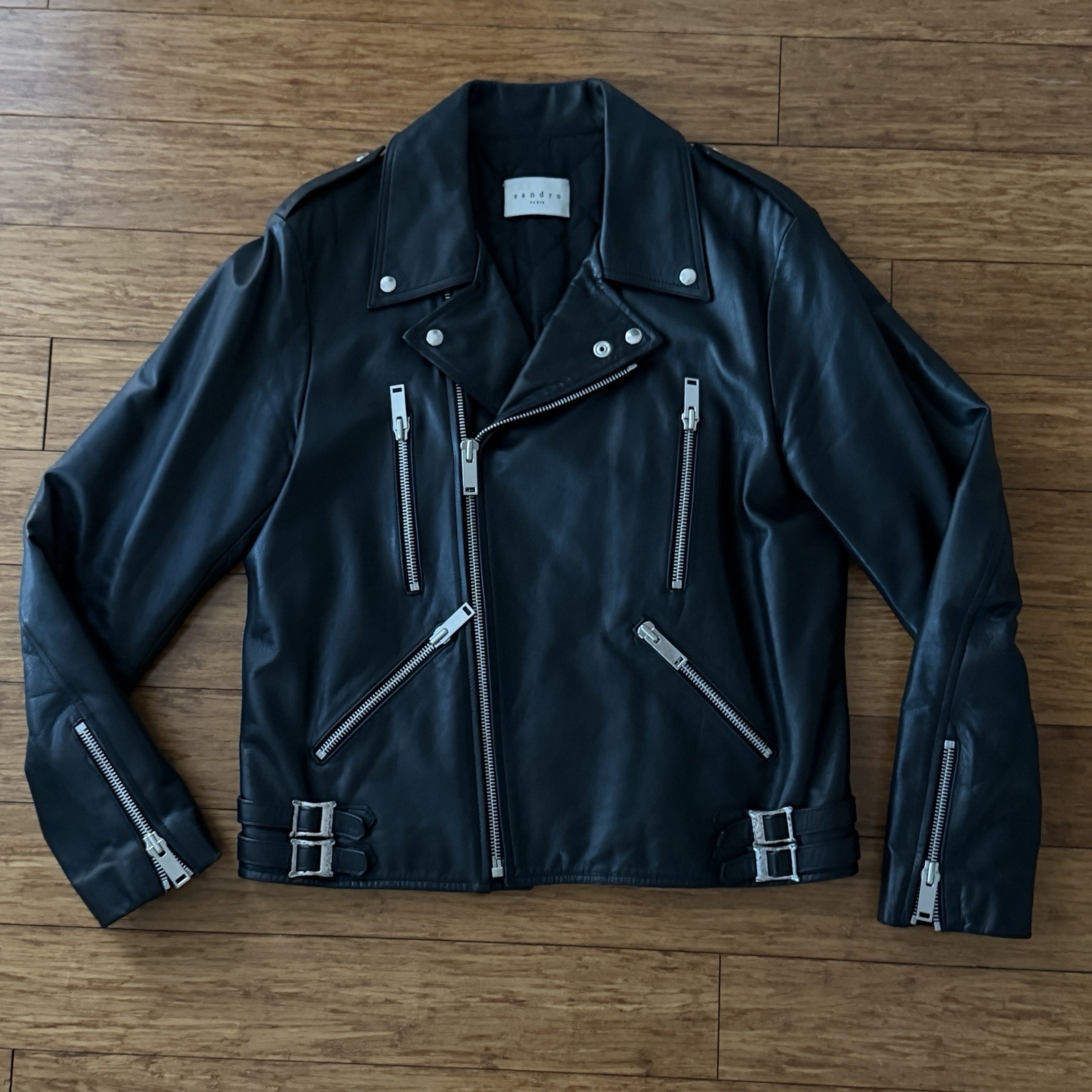 Sandro Paris Men’s Black Calfskin Leather Biker Jacket, Slim Fit, Large