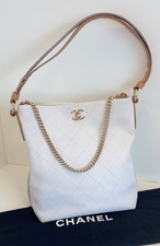 CHANEL Calfskin Bucket Diamond pattern Cream White 2way Chain Shoulder bag Women