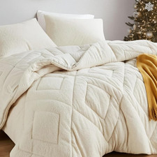 Reversible King Comforter Set - Plush Sherpa Fleece, Ivory 3 Piece All Season