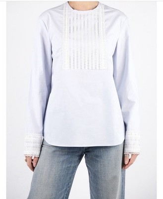 Sandro Paris Lace Accent Blouse Top size 1 (S - US4) Long Sleeve Off-White/blue