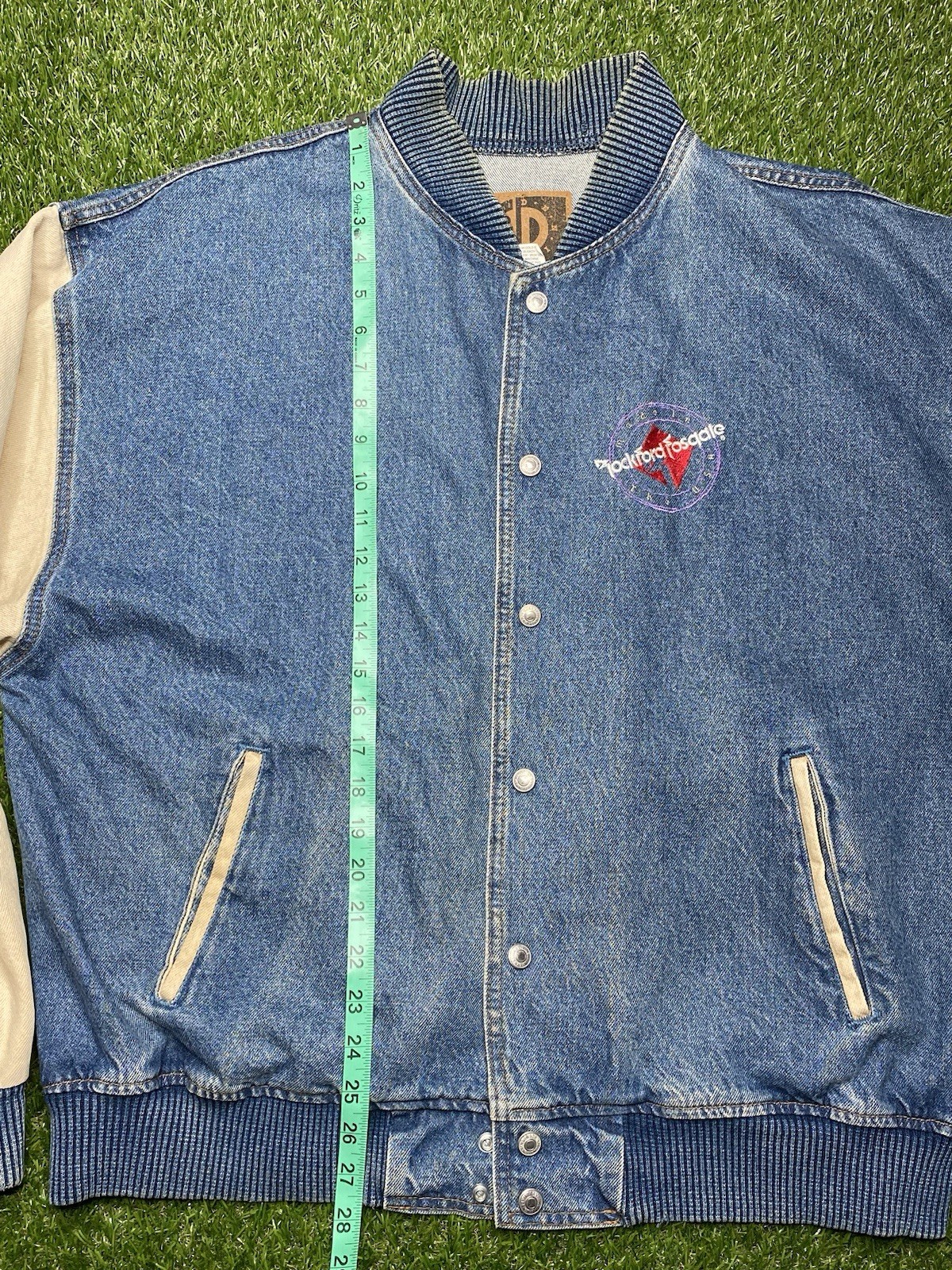 Vintage Rockford Fosgate 90 Snap Button Denim Varsity Jacket International Denim