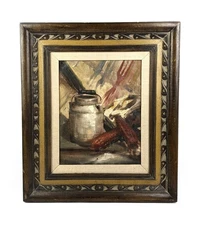 Vintage Mid Century Naive Still Life Oil Painting of Milk Can Framed