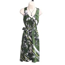 Talbots Silk Sleeveless Floral Butterfly Midi Dress Womens 12P Green V-Neck