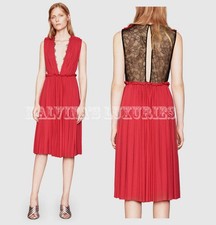 GUCCI DRESS LACE BACK PANELED PLEATED RED PINK LOW NECK $2,500 XS EXTRA SMALL