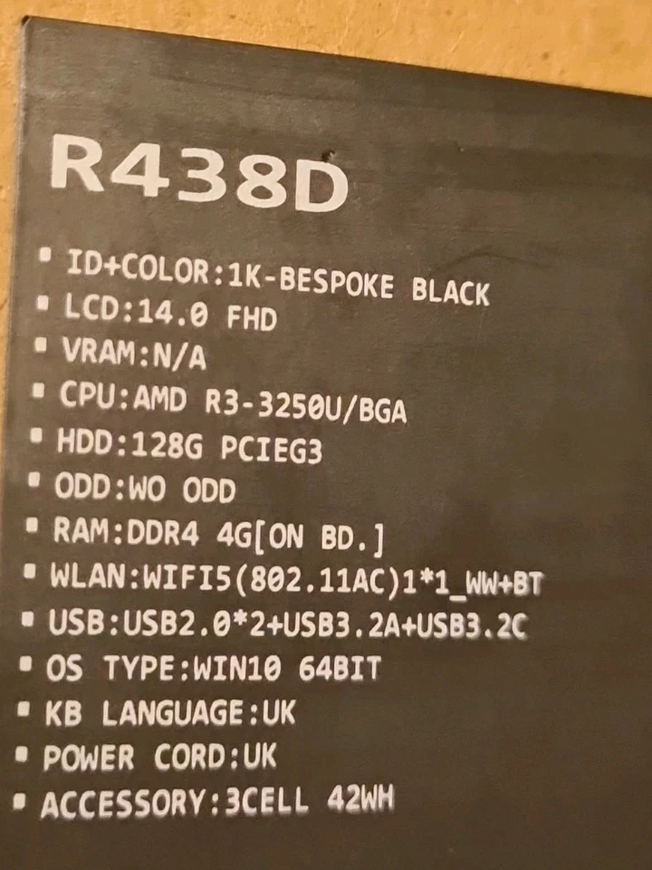 ASUS VIVOBOOK 14 R438D AMD Laptop RYZEN 3 4GB RAM 128G SSD. Win 11 Gradeable - Image 3 of 4